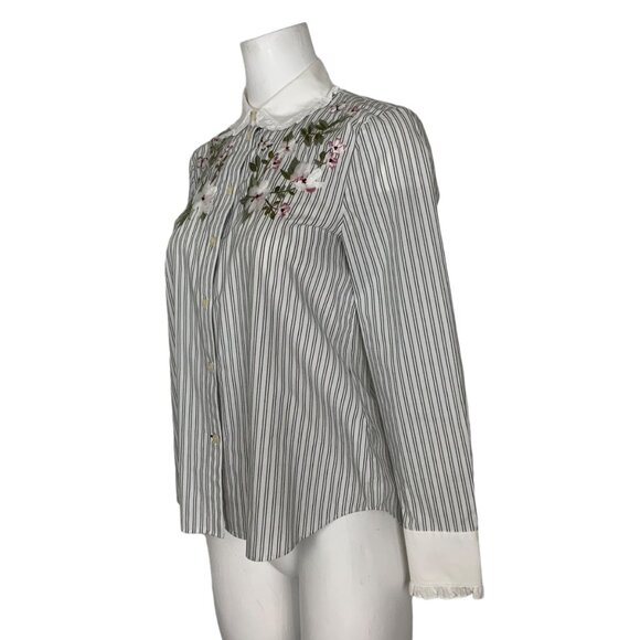 Kate Spade Embroidered Ruffle Top Blouse XS White Black Stripe Floral - Picture 4 of 14